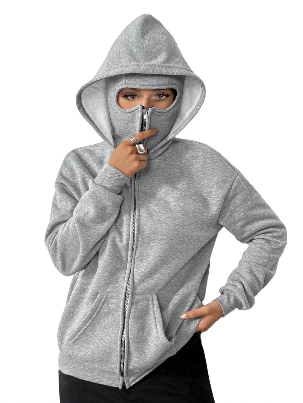 Gray Zip-Up Hoodie with Built-In Face Mask - Women’s Casual Jacket